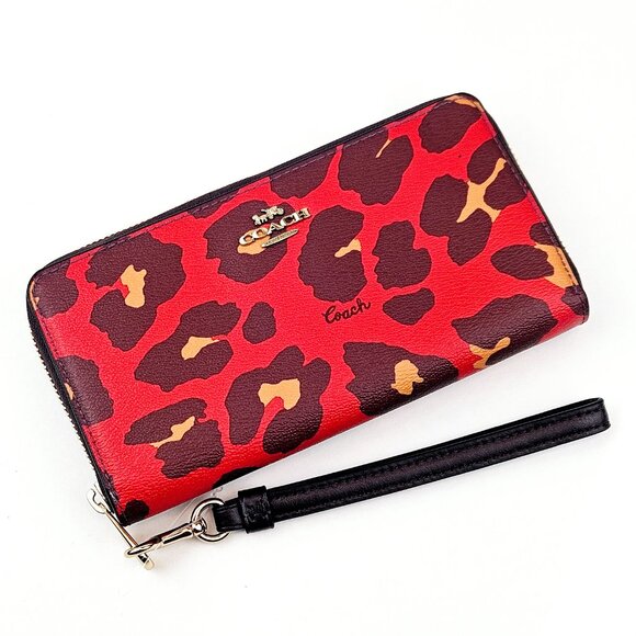 COACH Long Zip Around Wallet Leopard Print Poppy Red - Picture 2 of 9